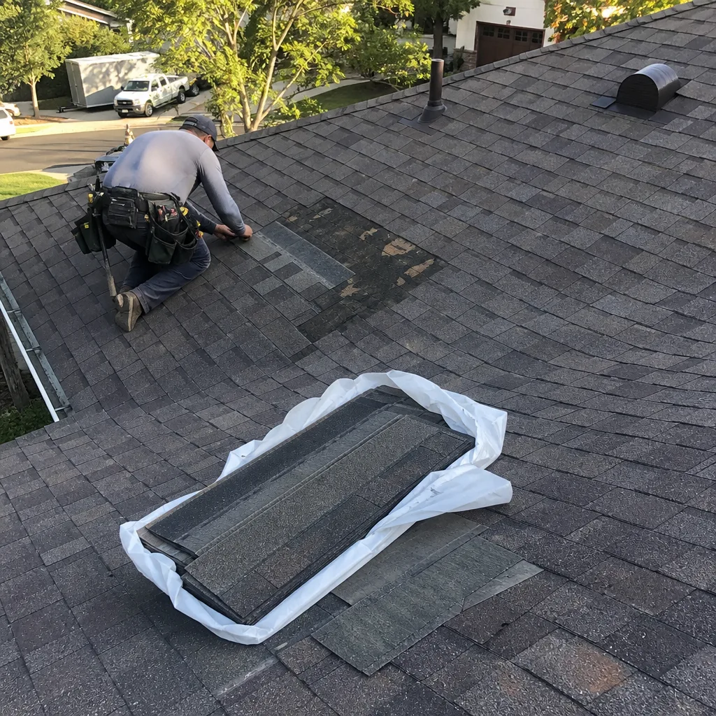 Roofing contractor repairing asphalt shingles on a residential house roof.