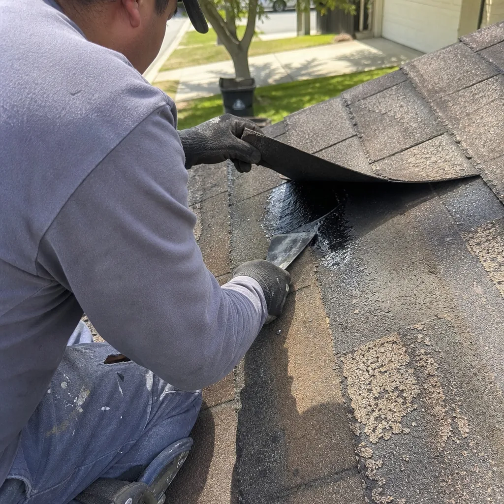 Professional roofer applying sealant to repair damaged shingles on a roof