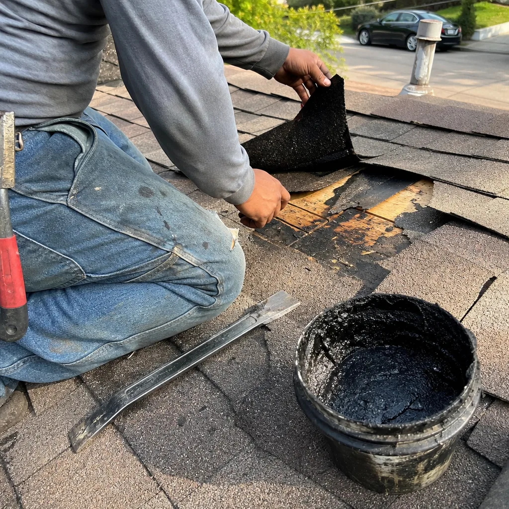 Roofing contractor applying roof cement to repair damaged residential shingles