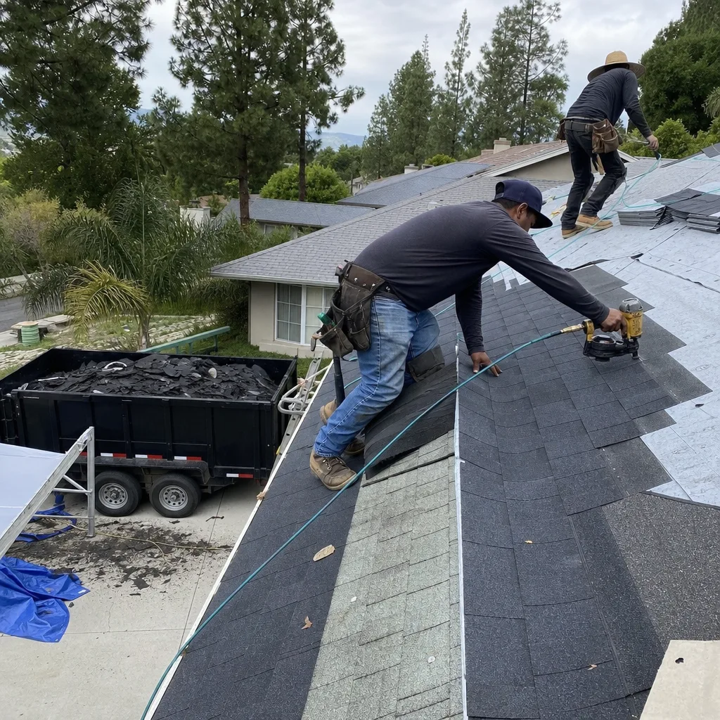 Roofers installing new asphalt shingles during a professional roof replacement project