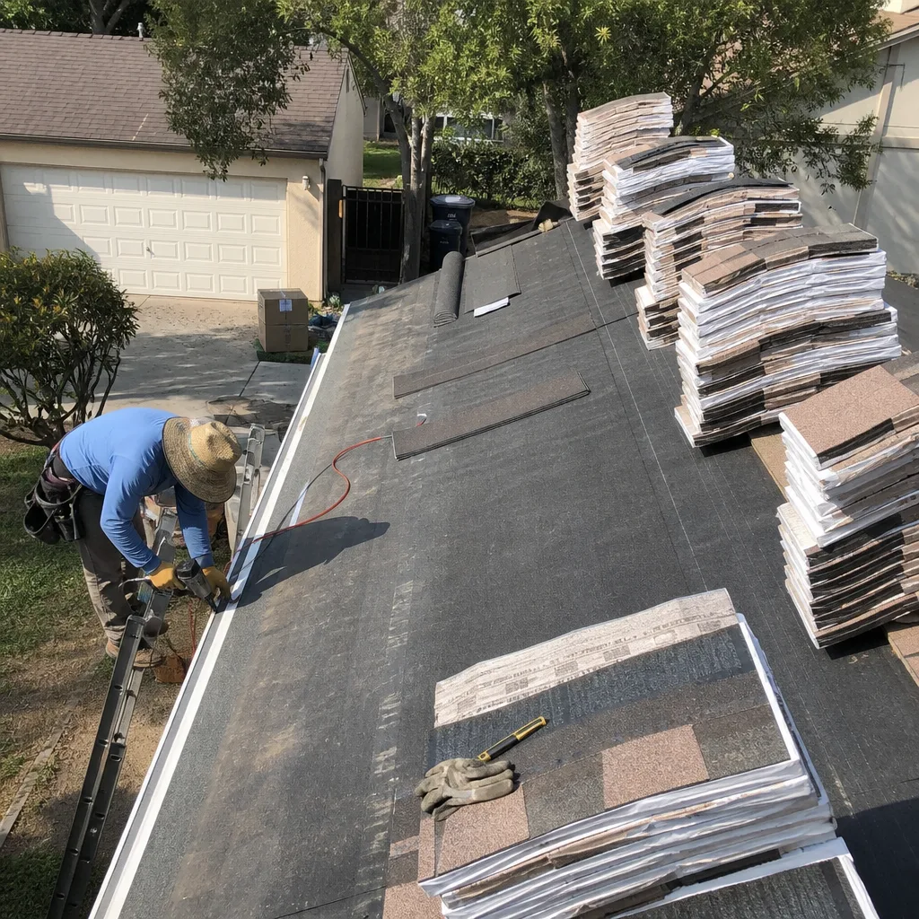 Roofing contractor installing metal flashing during professional roof replacement project