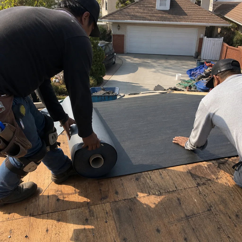 Two professional roofers installing black waterproof underlayment on a plywood roof deck